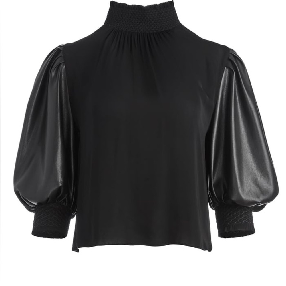 Alice + Olivia Carmina Vegan Leather Sleeve Blouse Black Smocked Mock Neck XS